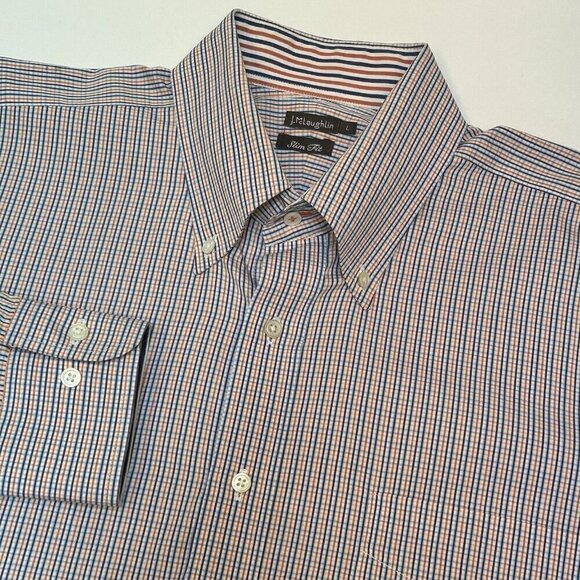 J.McLaughlin Shirt Mens Large Slim Fit Button Up Plaid Blue Orange 100% Cotton - Picture 1 of 13